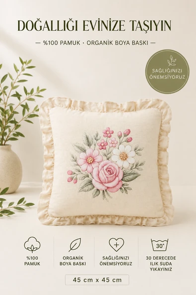 Fırfırlı Çiçek Desenli Dekoratif Kırlent Kılıfı %100 Pamuk Organik Boya Baskılı 45x45 cm ürün görseli 1