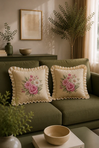 2'li Fırfırlı Çiçek Desenli Dekoratif Kırlent Kılıfı %100 Pamuk Organik Boya Baskılı 45x45 cm ürün görseli 1