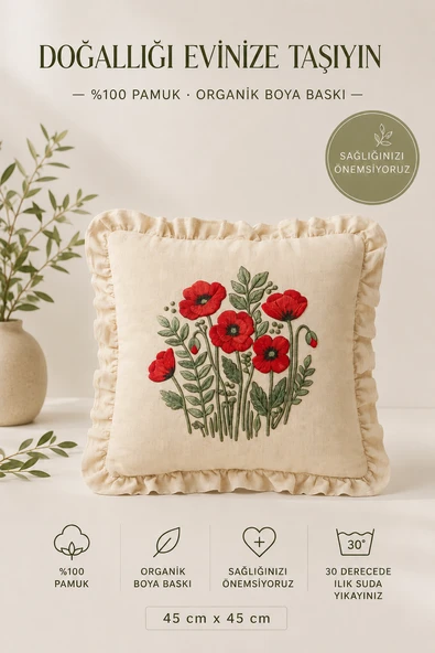 Fırfırlı Gelincik Desenli Dekoratif Kırlent Kılıfı %100 Pamuk Organik Boya Baskılı 45x45 cm ürün görseli 1