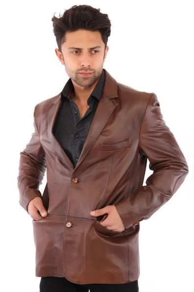 Hakiki Deri Kahverengi Merita Düğmeli Erkek Deri Ceket ürün görseli 1