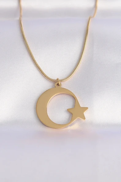 316L Çelik Zincir Gold Renk Ay Yıldız Unisex Kolye ürün görseli 1