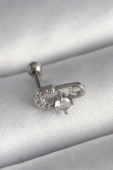 316L Çelik Gümüş Renk Zirkon Taşlı Toplu İğne Tragus Piercing ürün görseli 1