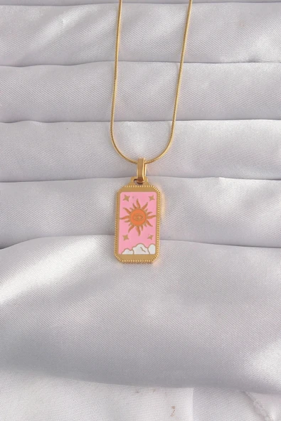 316L Çelik Gold Renk Pembe Mineli Güneş Model Tarot Kolye ürün görseli 1