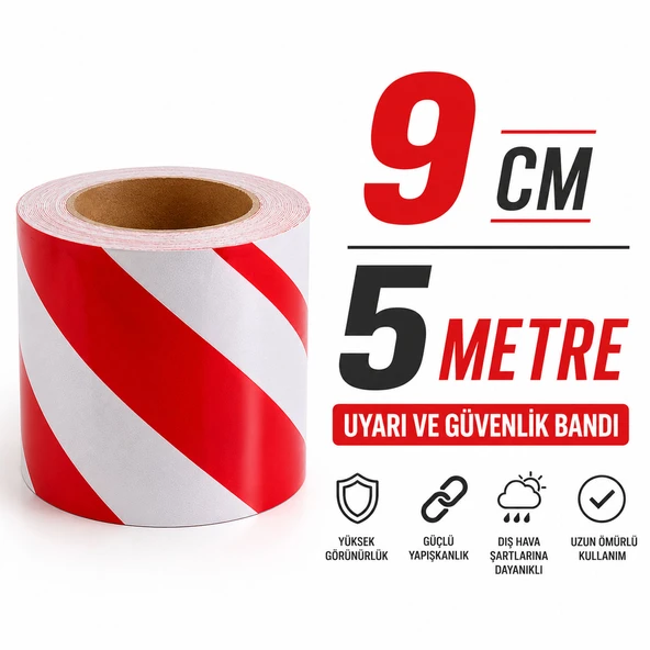 Reflektörlü Reflektif Fosforlu Uyarı Bandı 9 Cm 5 Metre Kırmızı Beyaz Yapışkanlı Güvenlik İkaz Bant ürün görseli 1