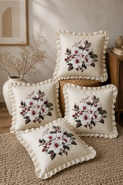 4'lü Fırfırlı Çiçek Desenli Dekoratif Kırlent Kılıfı %100 Pamuk Organik Boya Baskılı 45x45 cm ürün görseli 1