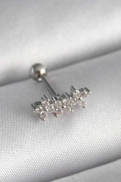 316L Çelik Gümüş Renk Zirkon Taşlı Yonca Tragus Piercing ürün görseli 1