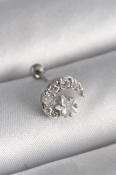 316L Çelik Gümüş Renk Zirkon Taşlı Ay Yıldız Tragus Piercing ürün görseli 1
