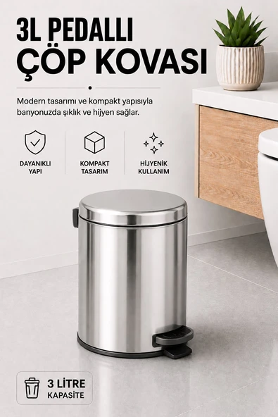 Pedallı Çöp Kovası 3 Litre İç Kovalı Kapaklı Banyo Çöp Kutusu Krom - Elit 7003 ürün görseli 1