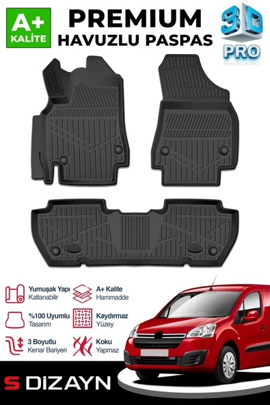 S-Dizayn Citroen Berlingo 3D Pro Havuzlu Paspas 2008-2018 Üzeri A+ Kalite ürün görseli 1
