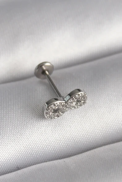 316L Çelik Gümüş Renk Zirkon Taşlı Sonsuzluk Model Tragus Piercing ürün görseli 1