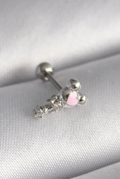 316L Çelik Gümüş Renk Zirkon Taş Detay Pembe Kalp İşleme Tragus Piercing ürün görseli 1