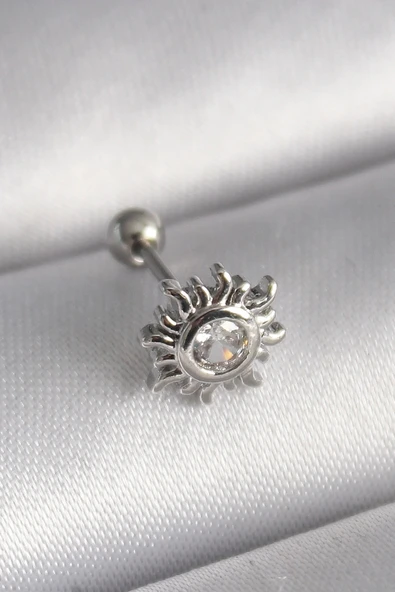 316L Çelik Gümüş Renk Zirkon Taşlı Güneş Tragus Piercing ürün görseli 1