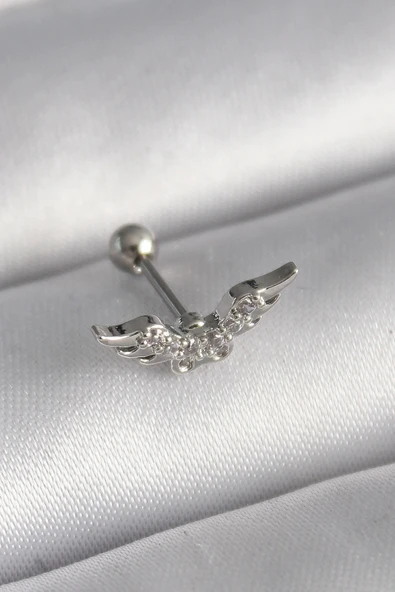 316L Çelik Gümüş Renk Zirkon Taş Detay Kanat Model Tragus Piercing ürün görseli 1