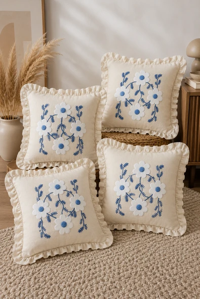 4'lü Mavi Beyaz Papatya Desenli Dekoratif Kırlent Kılıfı %100 Pamuk Fırfırlı 45x45 cm ürün görseli 1