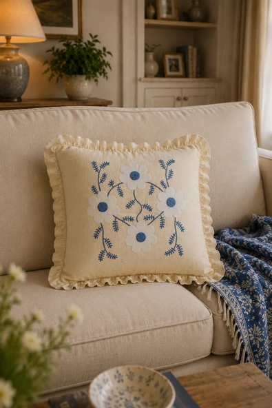 Mavi Beyaz Papatya Desenli Dekoratif Kırlent Kılıfı %100 Pamuk Fırfırlı 45x45 cm ürün görseli 1