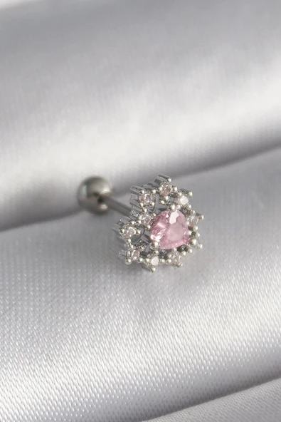 316L Çelik Gümüş Renk Zirkon Taşlı Kalp Tragus Piercing ürün görseli 1