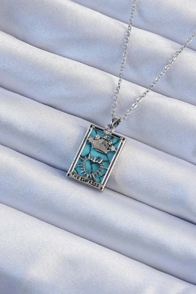316L Çelik Zincir Gümüş Renk Zirkon Taşlı Mavi Mermer Desenli Taç Model Tarot Kolye ürün görseli 1