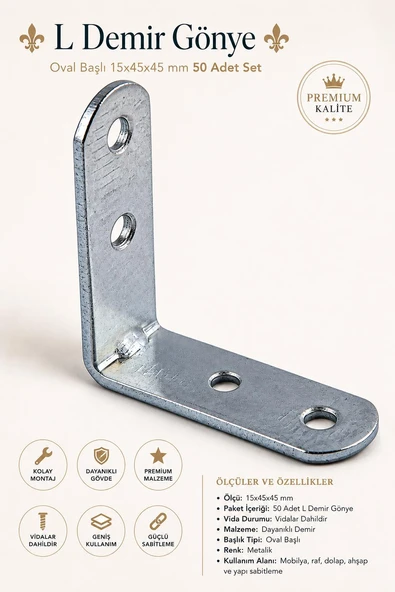L Demir Gönye 15x45x45 mm Oval Başlı Metal Köşebent Mobilya Raf Dolap Sabitleme Aparatı 50 Adet Set ürün görseli 1