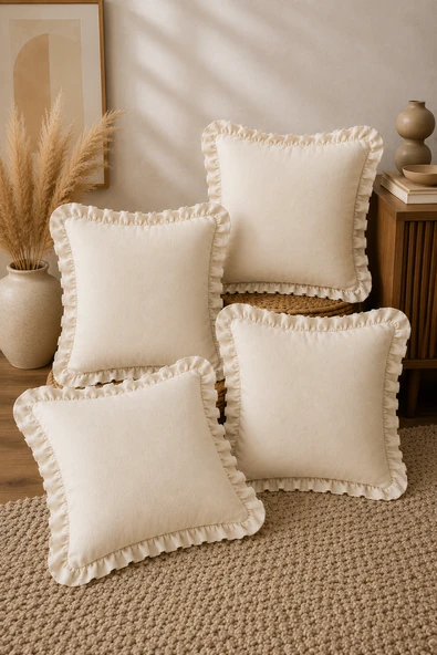 4'lü Fırfırlı Düz Krem Dekoratif Kırlent Kılıfı %100 Pamuk Fermuarlı 45x45 cm ürün görseli 1