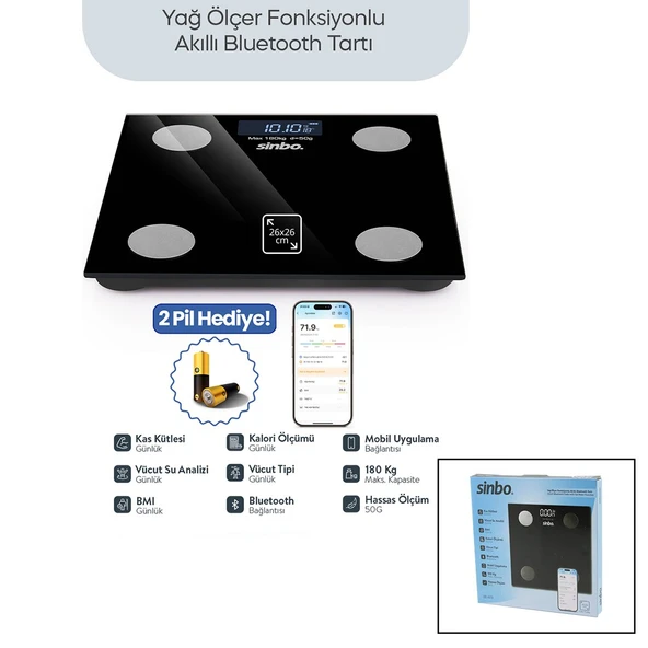SİYAH YAĞ ÖLÇER AKILLI BLUETOOTH CAM BASKÜL PİLLİ 180KG/50GR 26X26CM 8-KİŞİ HAFIZA LCD EKRAN ℃ GÖSTERGE SBS-4470 (5224) ürün görseli 1
