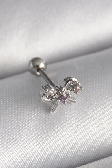 316L Çelik Gümüş Renk Zirkon Taşlı Kurdele Tragus Piercing ürün görseli 1