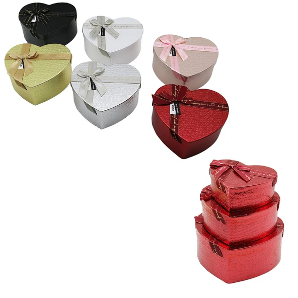 3PCS KALP PARLAK MİX RENKLİ - KABARTMA DESEN KARTON HEDİYE KUTUSU KURDELALI 22X20-19X17-16X14CM (5224) ürün görseli 1