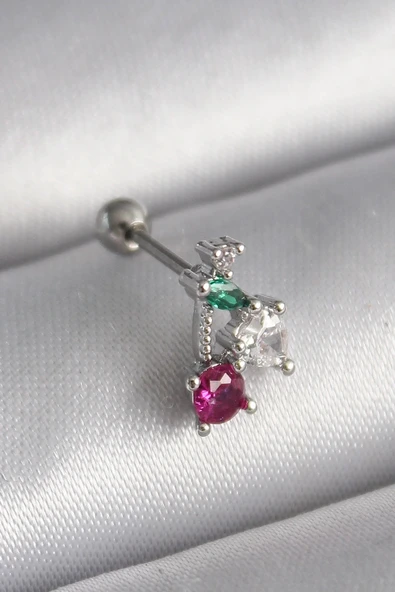 316L Çelik Gümüş Renk Zirkon Taşlı Tragus Piercing ürün görseli 1