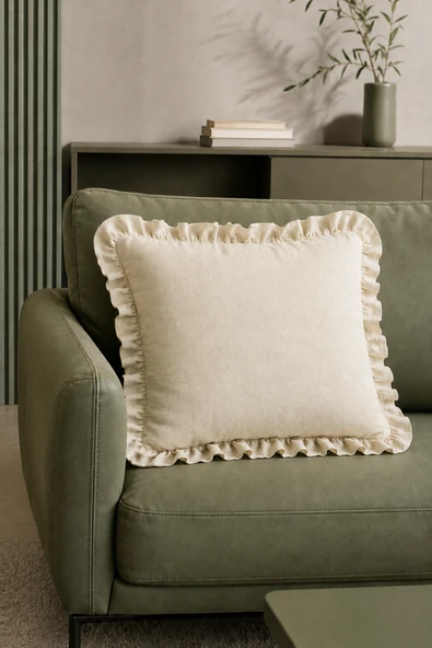 Fırfırlı Düz Krem Dekoratif Kırlent Kılıfı %100 Pamuk Fermuarlı 45x45 cm ürün görseli 1