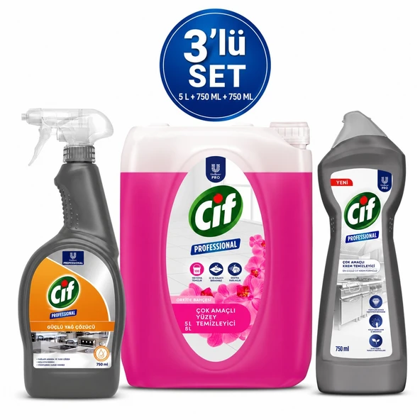 U-Pro Cif Çok Amaçlı Yüzey Temizleyici 5 L + Yağ Çözücü Sprey 750 ML + Krem Temizleyici 750 ML 3’lü Temizlik Seti ürün görseli 1