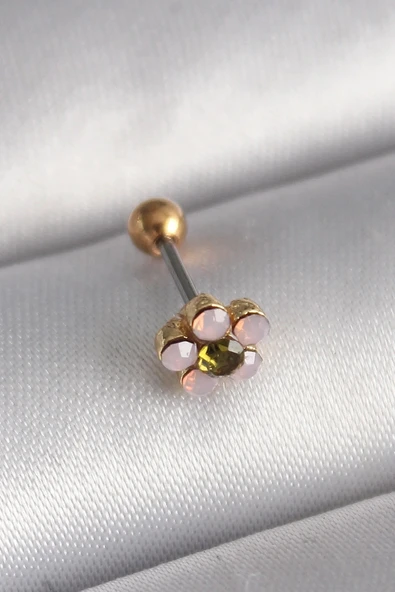 316L Çelik Gold Renk Zirkon Taşlı Çiçek Tragus Piercing ürün görseli 1