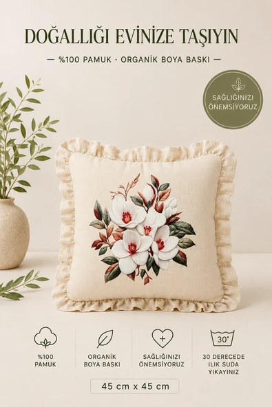 Fırfırlı Çiçek Desenli Dekoratif Kırlent Kılıfı %100 Pamuk Organik Boya Baskılı 45x45 cm ürün görseli 1