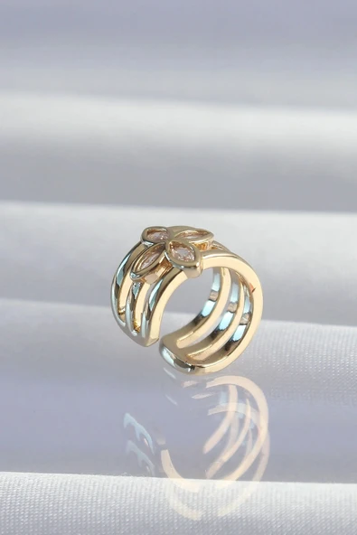 Pirinç Gold Renk Yonca Earcuff Küpe - Resim 2