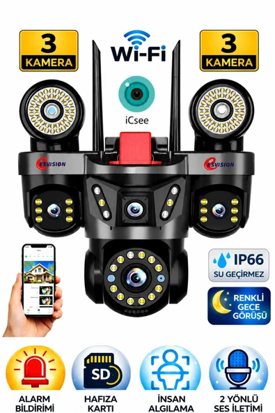 Esvision ES-9003 3 Lensli 9MP Akıllı WiFi Ptz Kamera Gece Görüşlü Güvenlik Kamerası ürün görseli 1