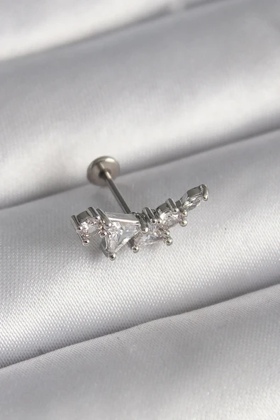 316L Çelik Gümüş Renk Zirkon Taşlı Tragus Piercing ürün görseli 1