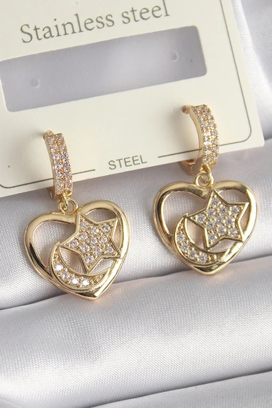Pirinç Gold Renk Zirkon Taşlı Kalp Model Ay Yıldız İşleme Kadın Küpe ürün görseli 1