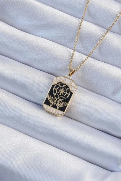 316L Çelik Zincir Altın Renk İşlemeli Siyah Mineli Tarot Kolye ürün görseli 1