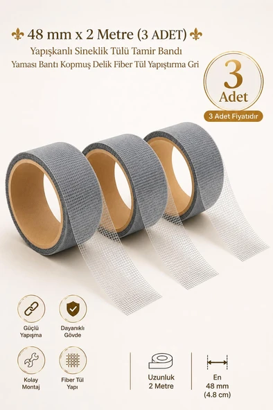 (3 ADET) 48 mm x 2 Metre Yapışkanlı Sineklik Tülü Tamir Bandı Yaması Bantı Kopmuş Delik Fiber Tül Yapıştırma Gri ürün görseli 1