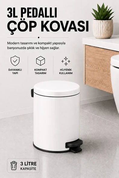 Pedallı Çöp Kovası 3 Litre İç Kovalı Kapaklı Banyo Çöp Kutusu Beyaz - Elit 7003 ürün görseli 1
