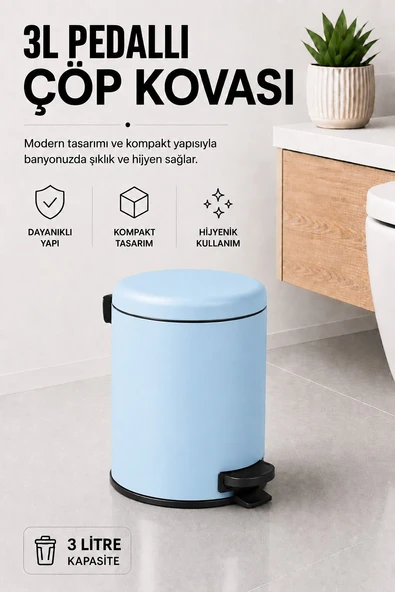 Pedallı Çöp Kovası 3 Litre İç Kovalı Kapaklı Banyo Çöp Kutusu Bebek Mavisi - Elit 7003 ürün görseli 1