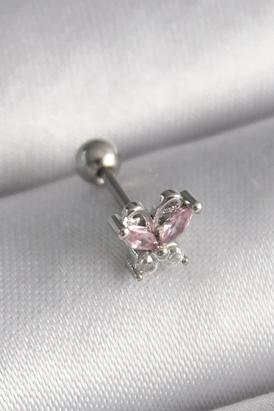 316L Çelik Gümüş Renk Pembe Zirkon Taşlı Kelebek Tragus Piercing ürün görseli 1