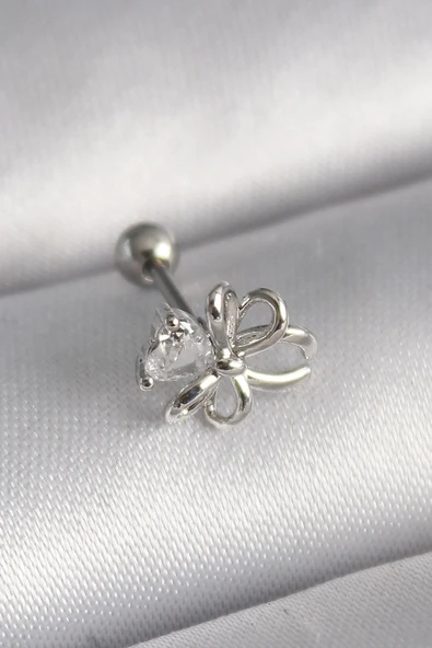 316L Çelik Gümüş Renk Zirkon Taş Detay Kurdele Model Tragus Piercing ürün görseli 1