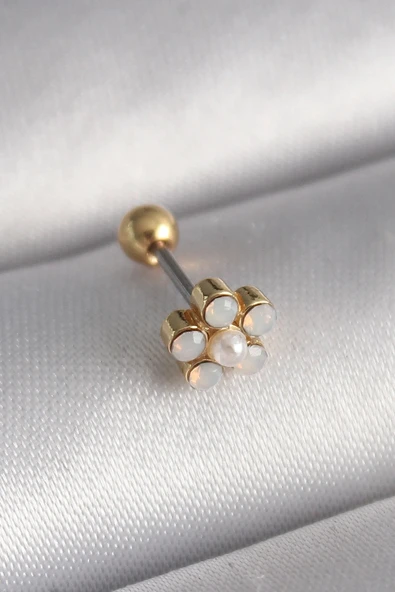 316L Çelik Gold Renk Zirkon Taşlı Çiçek Model Tragus Piercing ürün görseli 1