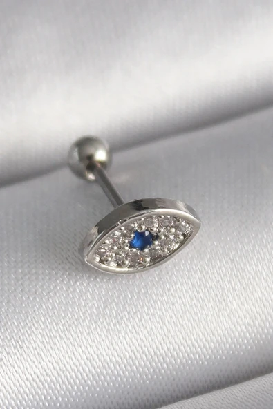316L Çelik Gümüş Renk Zirkon Taşlı Göz Tragus Piercing ürün görseli 1
