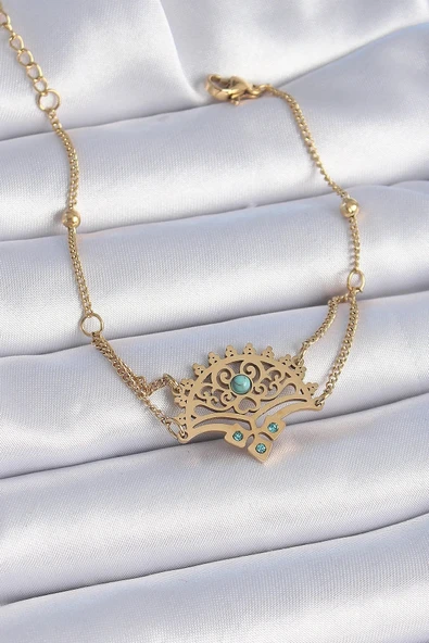 316L Çelik Gold Renk Mavi Taşlı Etnik Desen Kadın Bileklik ürün görseli 1