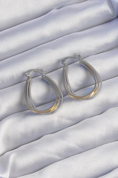 Pirinç Gold Gümüş Renkli Oval Çoklu Görünümlü Küpe ürün görseli 1