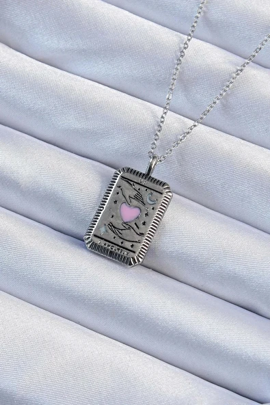 316L Çelik Zincir Eskitme Gümüş Renk Pembe Mineli Kalp Figürlü Tarot Kolye ürün görseli 1