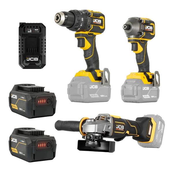 JCB Kömürsüz Darbeli Matkap (75 Nm) + Kömürsüz Darbeli Vidalama (230 Nm) + Kömürsüz Avuç Taşlama (125 mm) 18V - 2 x 5.0 Ah Li-ion Batarya ürün görseli 1