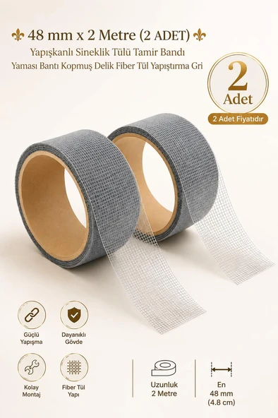 (2 ADET) 48 mm x 2 Metre Yapışkanlı Sineklik Tülü Tamir Bandı Yaması Bantı Kopmuş Delik Fiber Tül Yapıştırma Gri ürün görseli 1