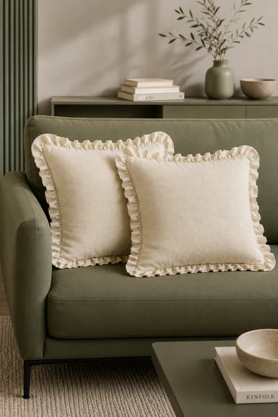 2'li Fırfırlı Düz Krem Dekoratif Kırlent Kılıfı %100 Pamuk Fermuarlı 45x45 cm ürün görseli 1