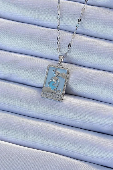 316L Çelik Zincir Gümüş Renk Mavi Mineli Tarot Kolye ürün görseli 1